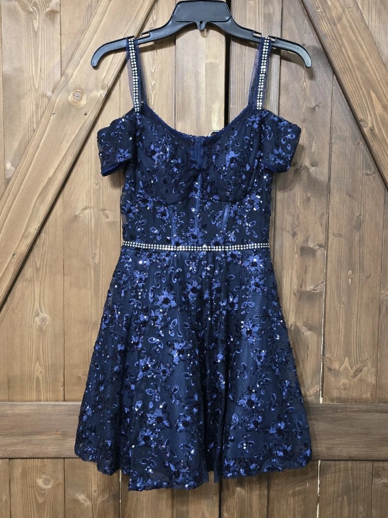 B Darlin Women’s Size 6 Blue Black Sequin Cocktail Dress Rhinestone Waist Formal